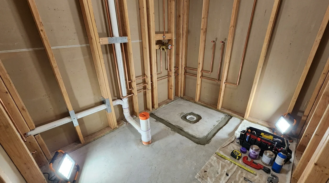 Bathroom rough-in plumbing during remodel by Johns Plumbing LLC in Woodcliff Lake