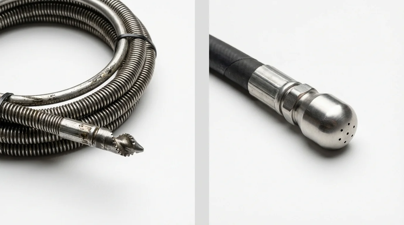 Drain snake cable and hydro jetting nozzle used for drain cleaning in Woodcliff Lake, NJ