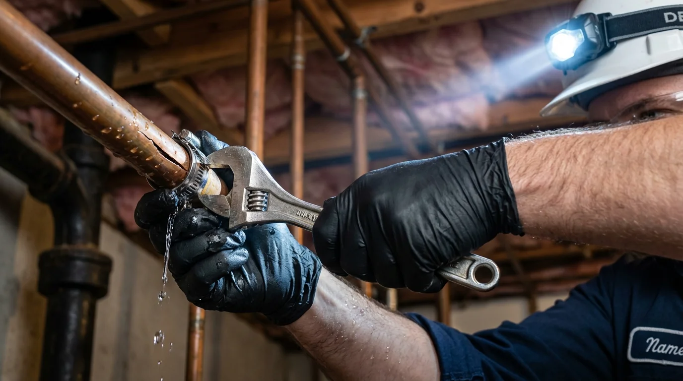 Emergency pipe clamp repair being performed by a Johns Plumbing LLC plumber in Woodcliff Lake