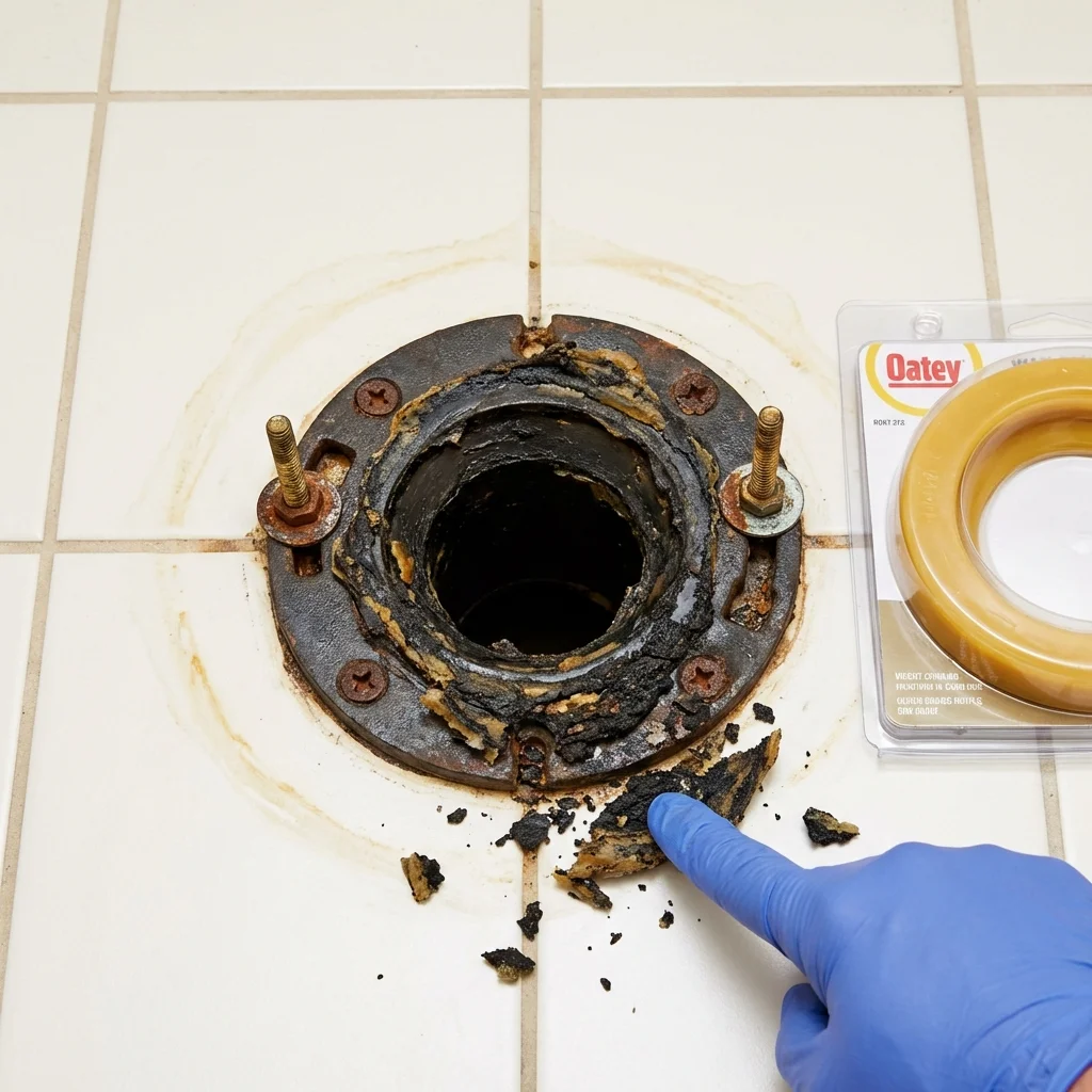 Failed wax ring showing water seepage at the base of a toilet in a Woodcliff Lake, NJ home