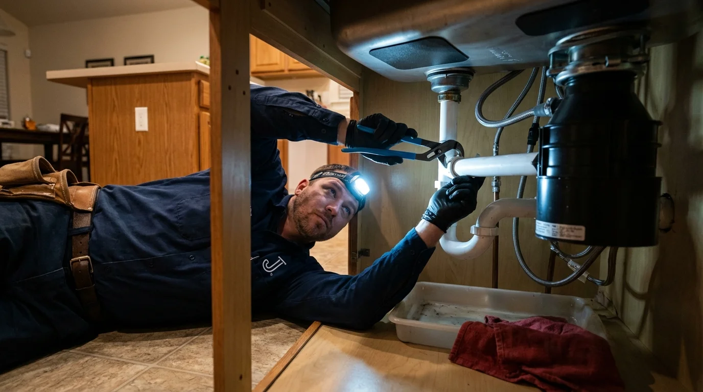 P-trap and supply line connections under a kitchen sink showing a common leak point in Woodcliff Lake, NJ
